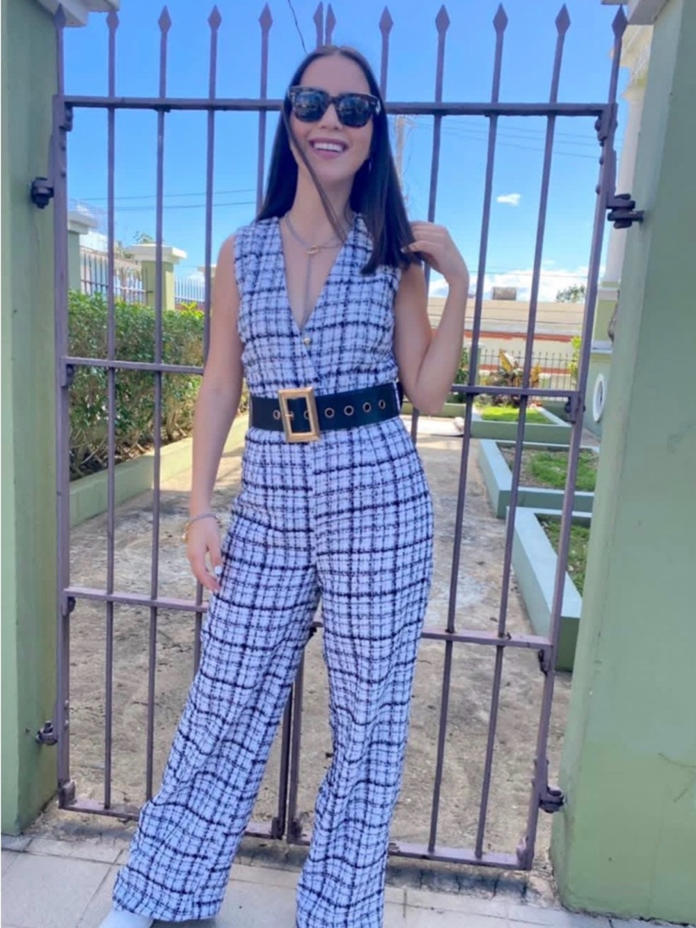 Sleeveless Black & White Tweed Jumpsuit with Belt